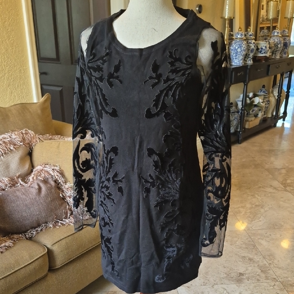 INC International Concepts Black Velvet-Appliqué Sheer-Sleeve Tunic Dress